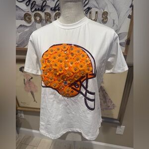 NWT! QUEEN OF SPARKLES Orange & Purple Flower Football Helmet Tee